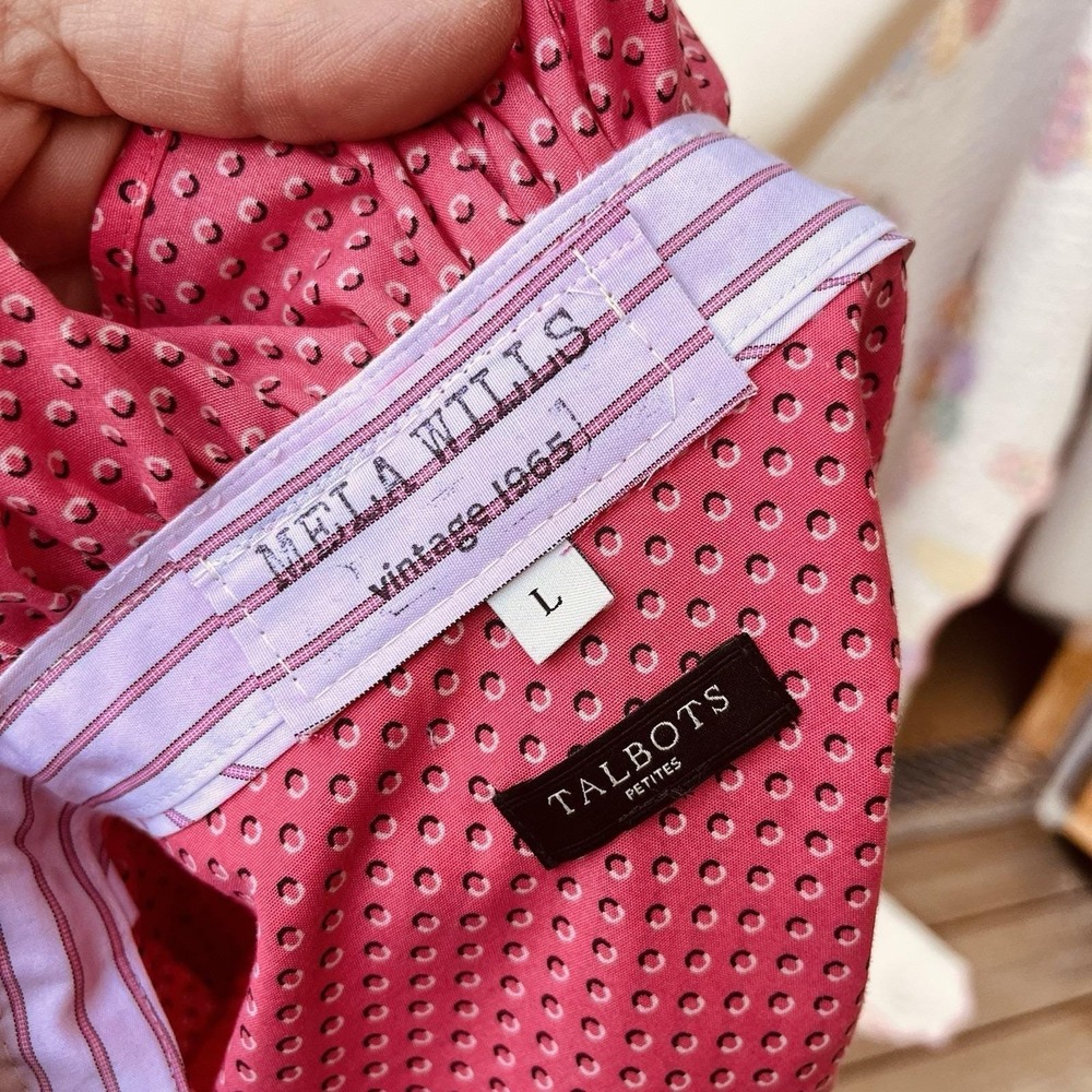 Upcycled Re-worked Talbots Hot Pink Polka Dot Fitted Ruffle Collar Shirt L - Picture 8 of 11